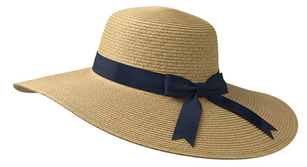 Elegant straw sun hat with navy ribbon isolated on transparent background in studio