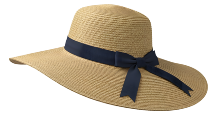 Elegant straw sun hat with navy ribbon isolated on transparent background in studio