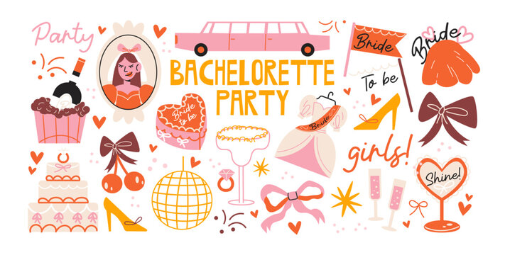 Bachelorette party icons and girls night elements in retro cartoon style. Bride dress, cake, champagne glasses, disco ball. Fun celebration composition for bridal shower and wedding party illustration