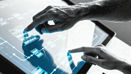 Ai in supply chain optimization concept with hands interacting on digital touchscreen interface