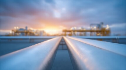 Industrial sunset view over cityscape with metallic railings in focus