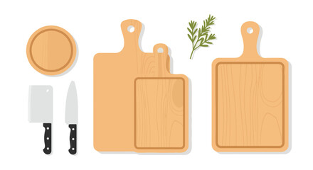 A culinary collection of wooden cutting boards, knives, and fresh herbs for a stylish cooking experience for food preparation