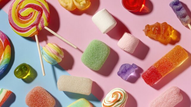 A colorful arrangement of assorted candies and sweet treats on a vibrant background.