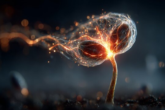 A captivating illustration of a plant sprouting with energy lines, suggesting growth, potential, and technological advancement, set against a dark, blurred background.