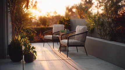 Obraz premium A cozy outdoor balcony with plants and chairs basking in warm sunset light, ideal for relaxation and leisure.