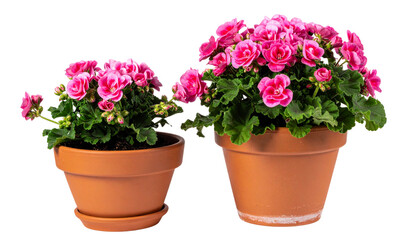  Pair of rustic clay pots with pink geranium flowers isolated on transparent background