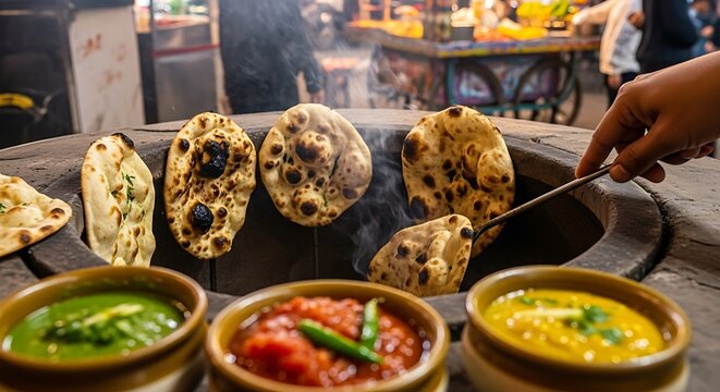 Indian Street Food Vendor Making Tandoori Naan Bread with Various Curries on Display in Market Setting