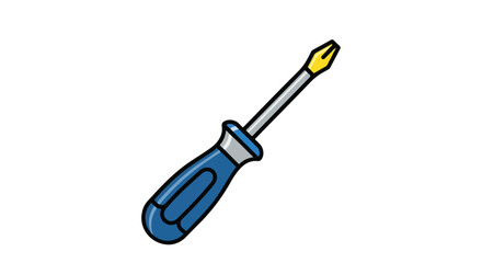 Illustration of a screwdriver with a blue handle and yellow tip, positioned diagonally on a white background perfectly centered