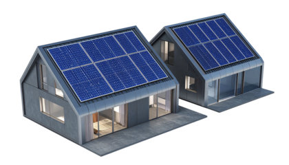  Pair of sustainable smart homes with angled solar panel roofs isolated on transparent background