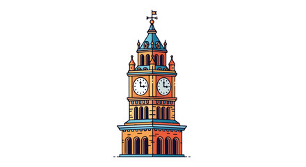 Stylized Illustration of a Victorian-Era Clock Tower Architecture with Ornate Details and Timekeeping Elements within a Clean White Space