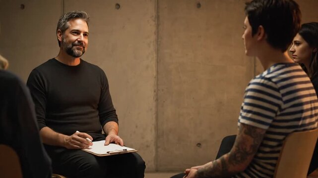 Bearded Man in Black Shirt with Clipboard Leading a Group Therapy Session in a Minimalist Room with Concrete Walls and Wooden Chairs under Soft Lighting with Attentive Participants
