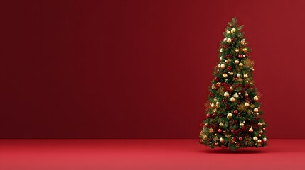 Festive Christmas tree elegance golden ornaments red accents minimalist holiday decor serene aesthetic scene