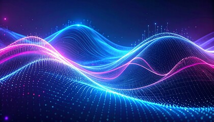 Abstract visualization of a digital landscape with glowing wave patterns in vibrant blue and pink hues