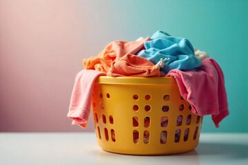 Overflowing Laundry Basket Colorful Clothes Ready for Washing, a Scene of Busy Domestic Life and Household Chores.  Perfect for cleaning, organization, home, textile, and family projects.