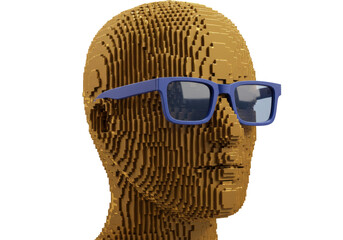 Abstract golden head with blue glasses isolated on transparent background, 3D rendering of pixelated human head for design use