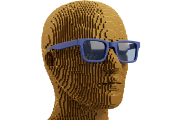 Abstract golden head with blue glasses isolated on transparent background, 3D rendering of pixelated human head for design use
