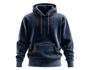 Blue denim hoodie with orange drawstrings isolated on transparent background