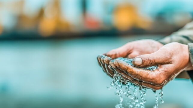 Hands holding water with droplets falling in a close-up view outdoors