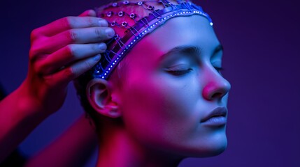 Wireless EEG headband being placed on subject in neon lit lab for brainwave monitoring