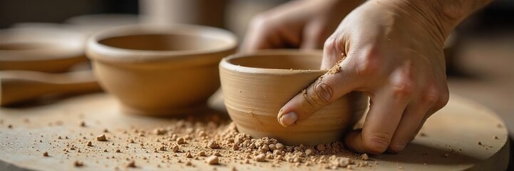 Handmade Pottery Studio Tools and Partially Glazed Clay Pieces After a Long Days Work. Dust and clay residue highlight the artistic process and the authentic feel of the ceramics studio.