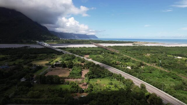 Aerial view of Xincheng Township in Hualien County, Taiwan, entrance to the beautiful Taroko National Park on the east coast of the Island of Taiwan.
