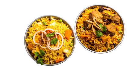 Pair of Indian biryani dishes with colorful vegetables and meat isolated on transparent background