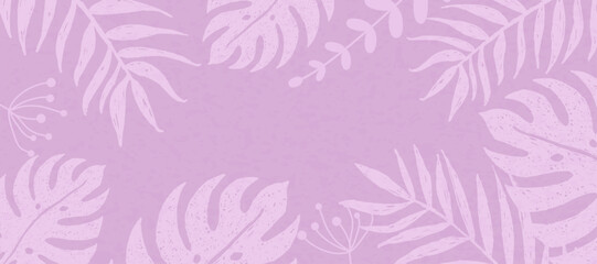 Obraz premium Light purple background with palm leaf frame. Template for horizontal banner
