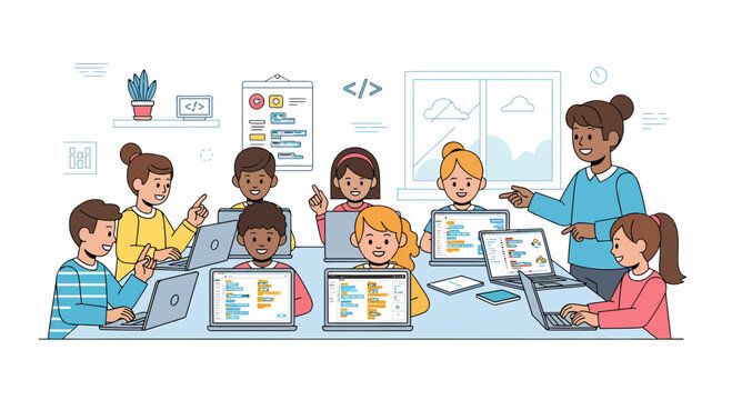 Children Coding Together During An Educational Computer Class Session