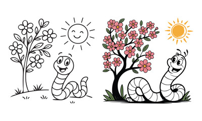 Cheerful cartoon worm under flower tree set coloring page and colored version cute smiling worm with sun and flowers vector illustration
