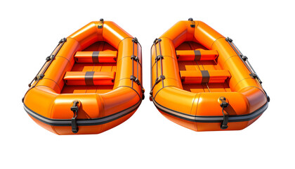 Pair of marine rescue rafts with emergency gear collection isolated on transparent background