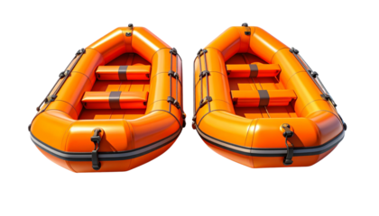 Pair of marine rescue rafts with emergency gear collection isolated on transparent background