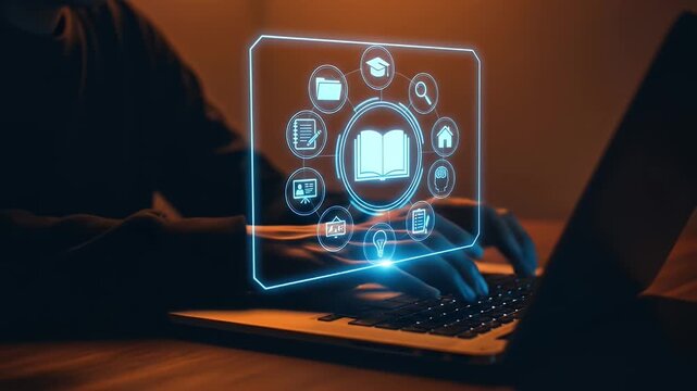 E-learning and online education concept. Online training programs and personalized learning. Person using laptop with E-learning icons on interface screen.