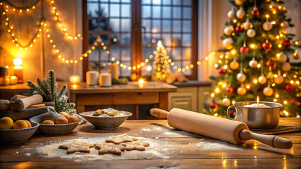 Baking Preparations for Holiday Cookies Rolling Pin Eggs and Star Shaped Dough on Wooden Table Rustic Charm of Homemade Treats and Festive Baking Ambiance Kitchen Still Life with Utensils