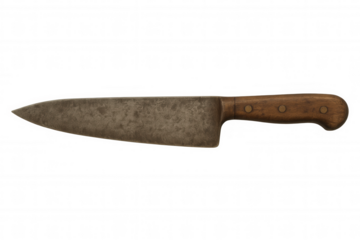 Vintage chef knife with rusted blade and wooden handle, a heavy butcher cutlery tool, transparent background