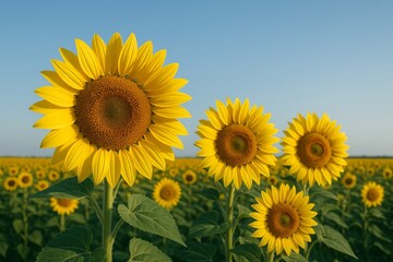Bright blooming sunflowers in full focus with green leaves in a wide field under clear blue sky during daylight, symbolizing summer growth and beauty. Ai generative