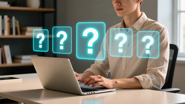 Person at desk using laptop with holographic question mark icons floating, root question, problem path, curiosity in workplace