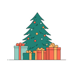 Wrapped gifts piled under Christmas tree, holiday vector