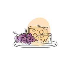 Cheese platter with grapes on plate, appetizer vector icon