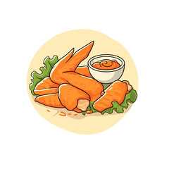 Chicken wings with dipping sauce and lettuce, isolated vector