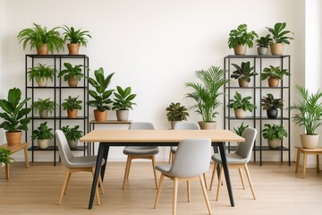 Fototapeta premium Modern dining room with indoor potted plants on black metal shelves and wooden floor in minimalistic interior design concept with neutral tones. Ai generative