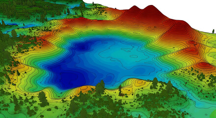 Topographical map of a lake surrounded by hills and forests, visualized with elevation contour lines and a vibrant color gradient
