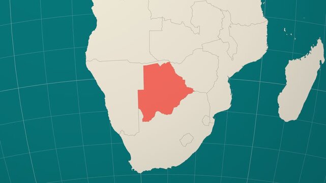 Botswana map. Animated zoom into the country on the Globe in Teal Pale Mint color palette. Country logo animation. Map with meridians, parallels. Classic video.