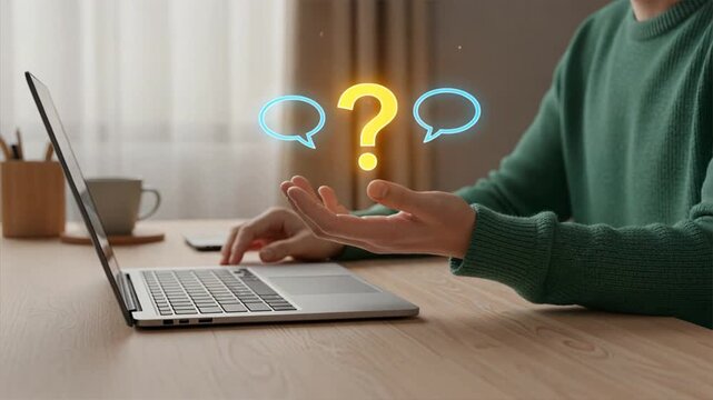 Modern workspace with laptop and hand raised under glowing question mark and chat bubble icons, root question, problem path, digital problem solving