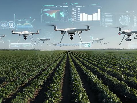 A fleet of drones monitor a field of crops, overlaid with digital data displays