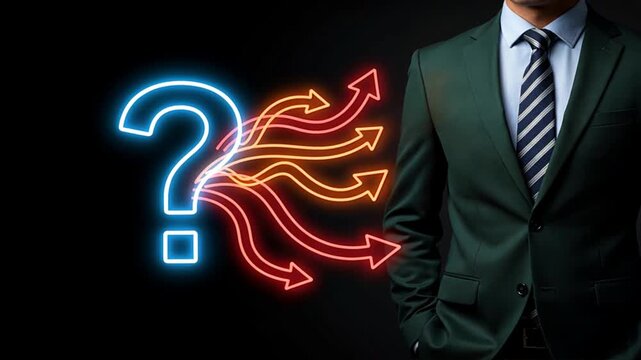 Professional businessman in suit beside glowing neon question mark with arrows showing choices, root question, problem path