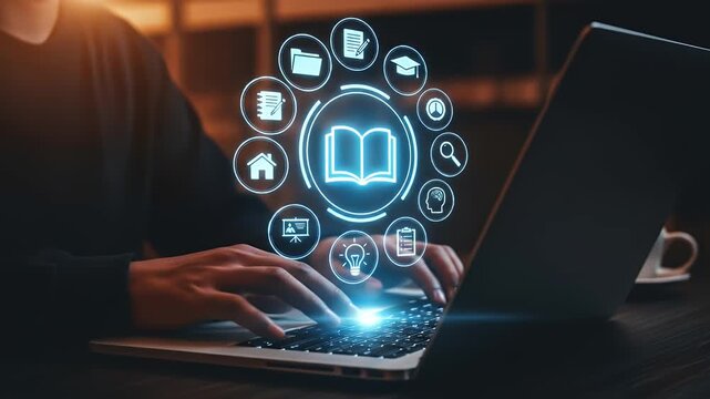 E-learning and online education concept. Online training programs and personalized learning. Person using laptop with E-learning icons on interface screen.