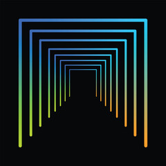 Abstract glowing neon geometric tunnel with colorful lights receding into darkness