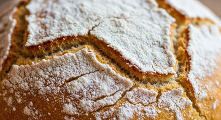 Fototapeta premium Close up of homemade rustic bread loaf delicious food choice for sovereignty. crusty baked sourdough with flour on top wholesome and healthy meal