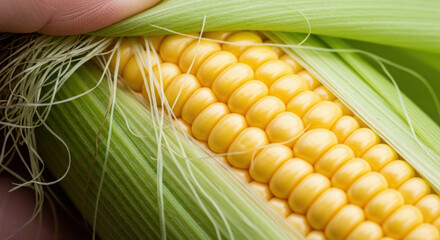 Hand peels fresh sweet corn cob revealing golden yellow kernels. Healthy organic food from farm harvest representing agricultural self sufficiency and food sovereignty