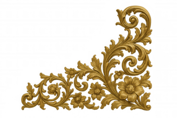 Gold baroque scroll ornament with intricate floral carving, creating an elegant corner decoration